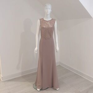 Sample Sale-NWT- Dessy- 2935-size 12-Topaz(dark beige) Georgette/Lace- Pristine.